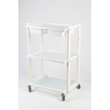 Тележка косметологическая на 3 полки (стекло) с двумя пластиковыми лотками белая