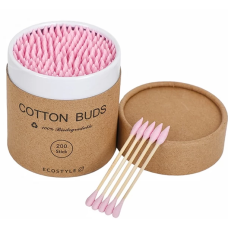 Палочки ватные бамбуковые обычные + острые Cotton Buds розовые (200шт) картонная круглая упаковка