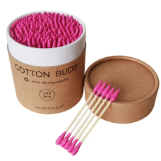 Палочки ватные бамбуковые обычные + острые Cotton Buds малиновые (200шт) картонная круглая упаковка